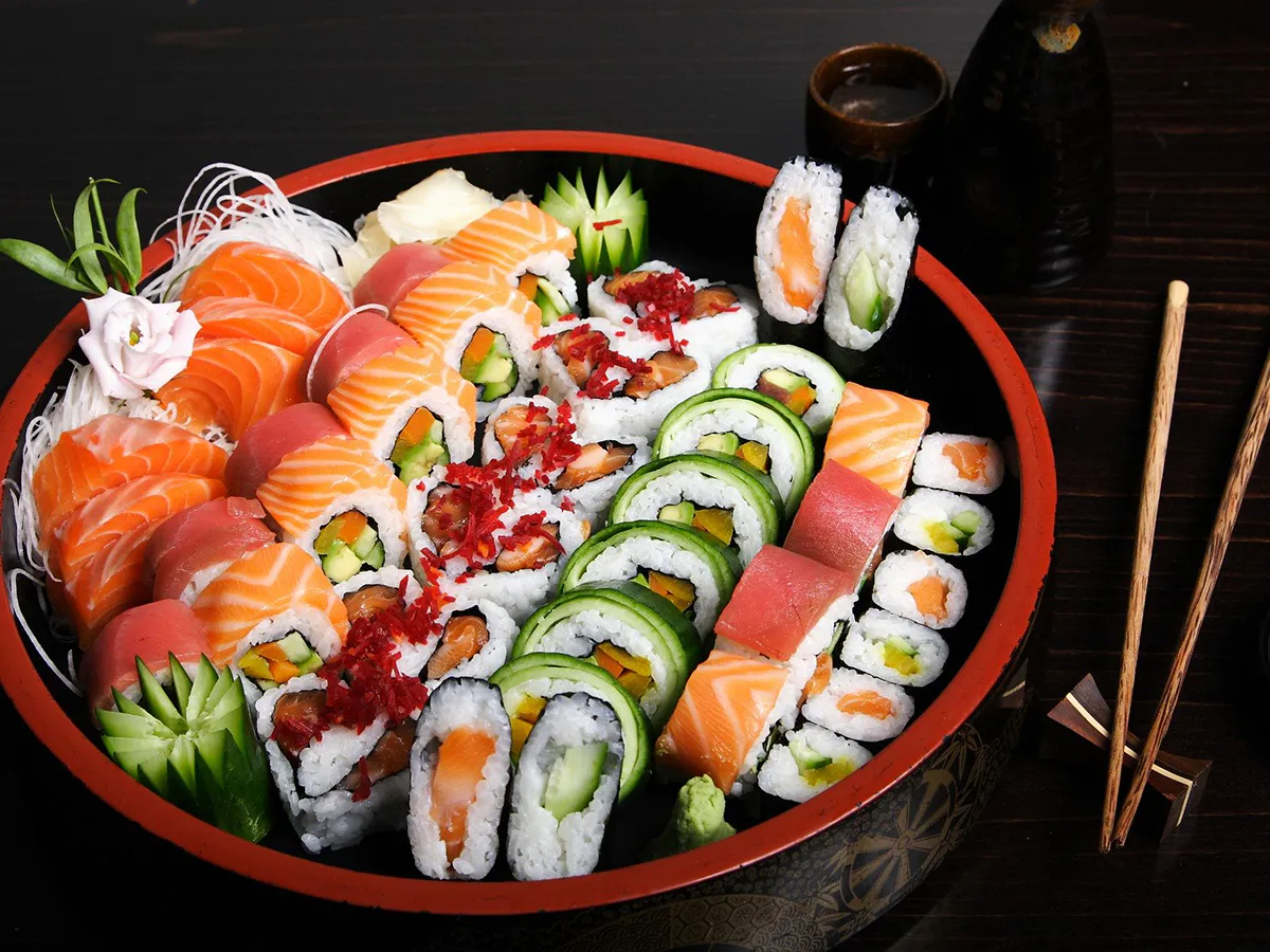 Large assorted sushi platter with fresh sashimi and maki rolls at Sushi One，a Japanese Restaurant in Portland
